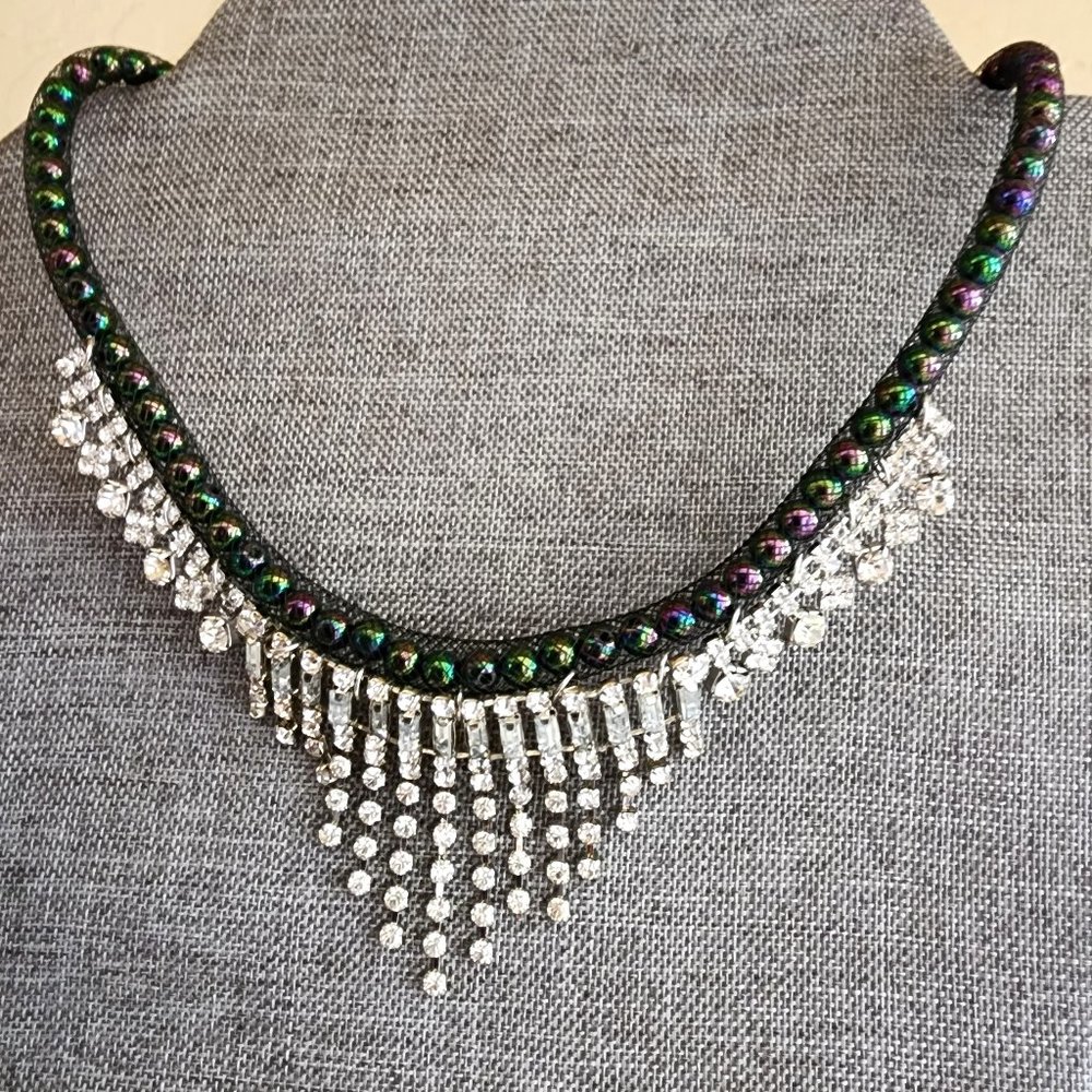 Jo Berry Jewelry Rhinestone Cascade Black Iridescent Green Purple Bead Necklace
